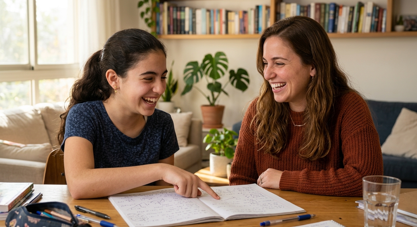 תלמידה ומורה פרטית צוחקות יחד בשיעור בבית